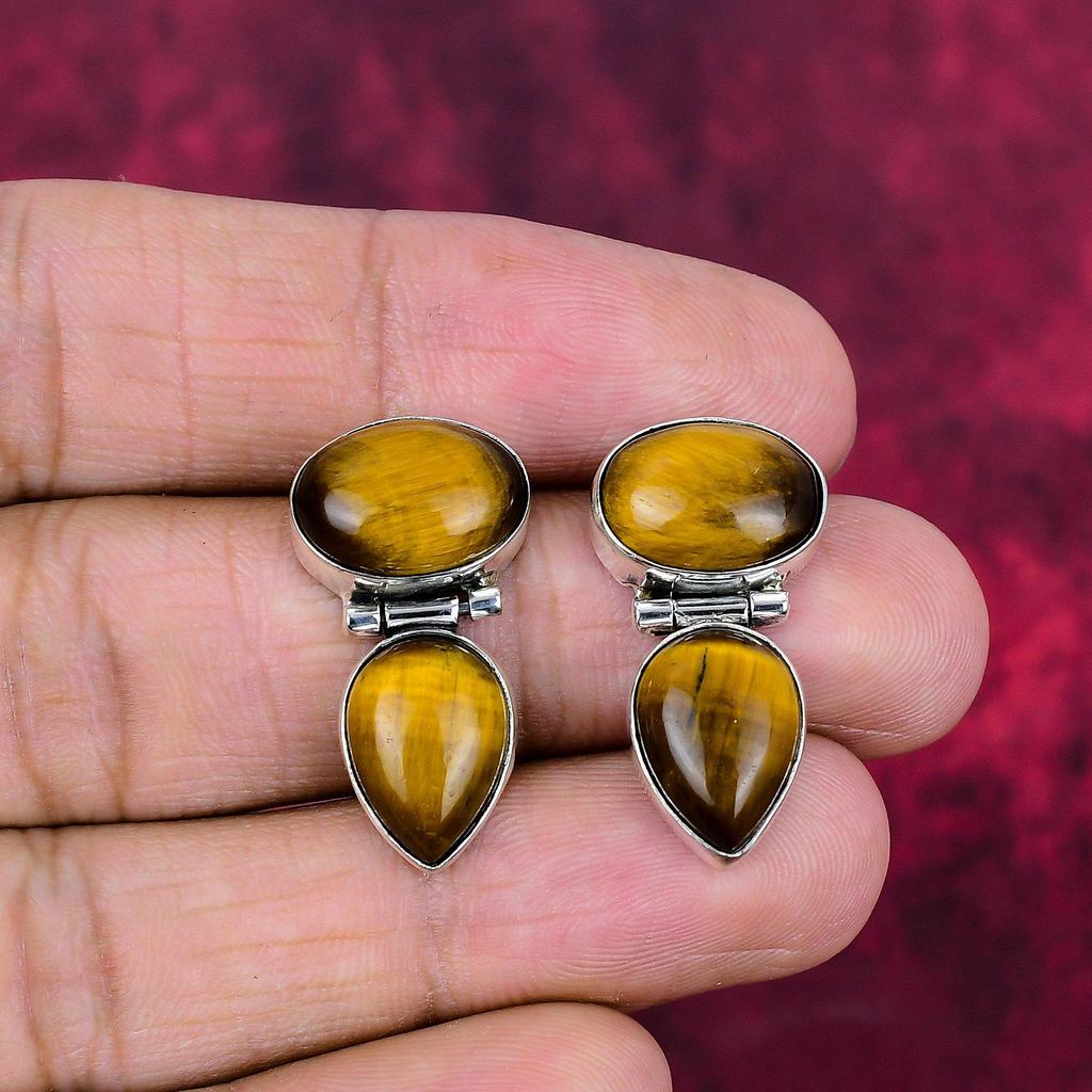 Tiger Eye Handmade Gemstone Earrings, 925 Solid Sterling Silver Earrings Antique Jewelry, For Engagement Gift
