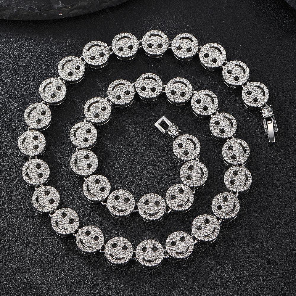 Smiling Face Hip Hop Round Tennis Chain Necklace Iced Out Bling Bracelet Fashion Shiny Zircon Charm Jewelry