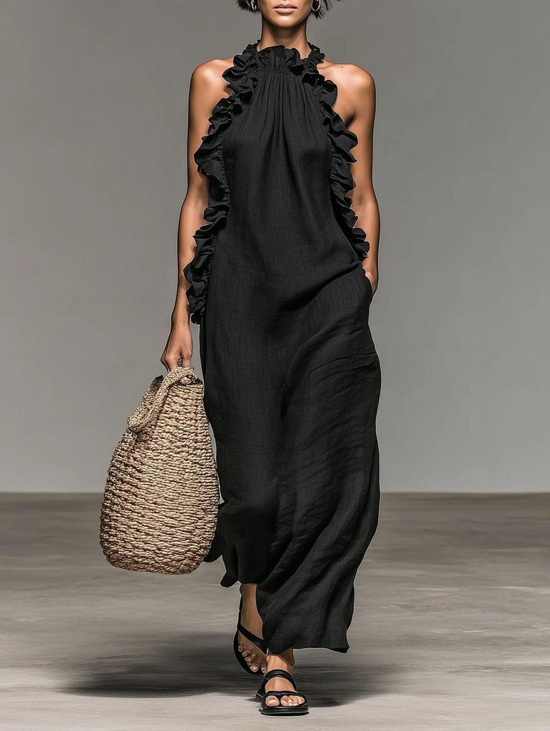 European Resort Ruffle Halter Sleeveless Long Summer Dress - Women's Slimming Style