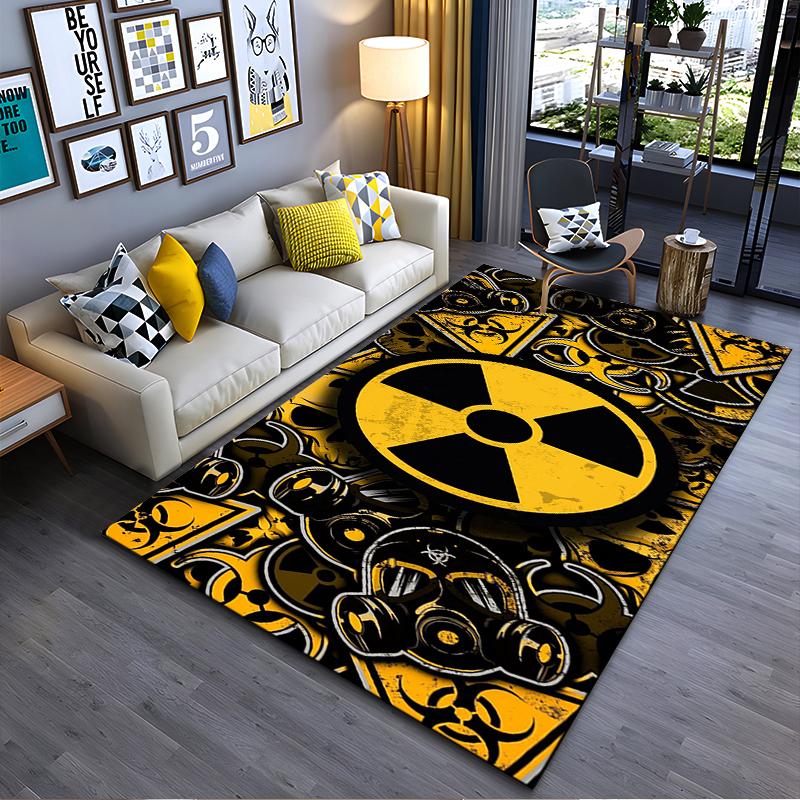 "Yellow Black Radiation Hazard Symbol Rug with Gas Mask Design" Suitable for use as an anti-slip for living room bedroom sofas
