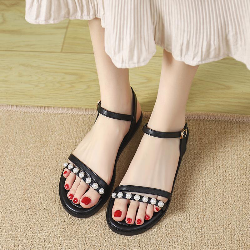 Fashion Pearl Rivets Flat Sandals Women Ankle Strap Gladiator Sandalias Narrow Band Summer Beach Shoes Sandalias De Mujer Verano 2025
