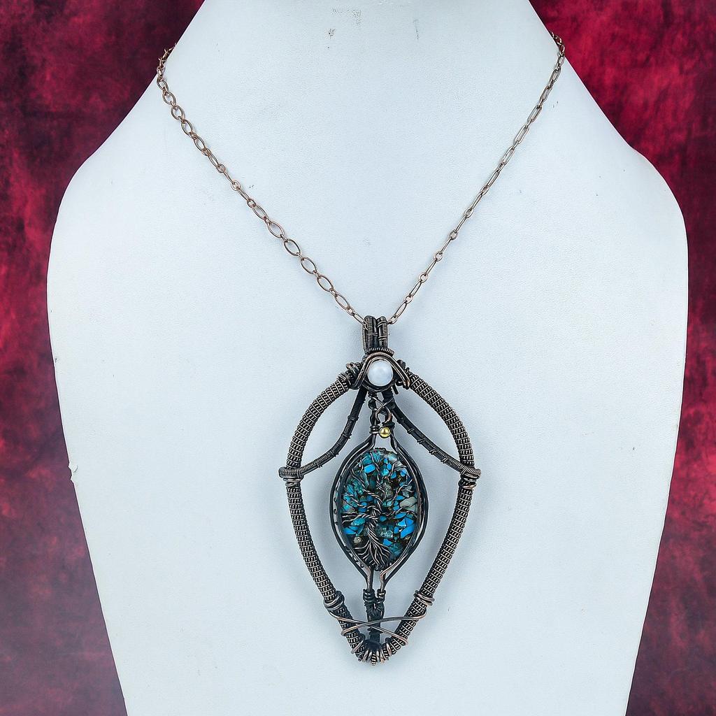 Tree Of Life Copper Chrysocolla Pendant Rainbow Moonstone Pendant Copper Wire Wrapped Jewelry