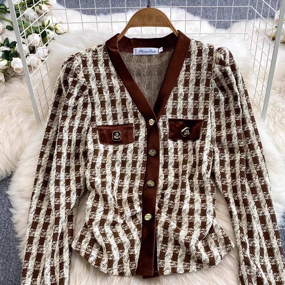 Outono primavera pequena fragrância xadrez tweed ternos feminino com decote em v casaco curto + botões saia lápis longa conjunto de duas peças