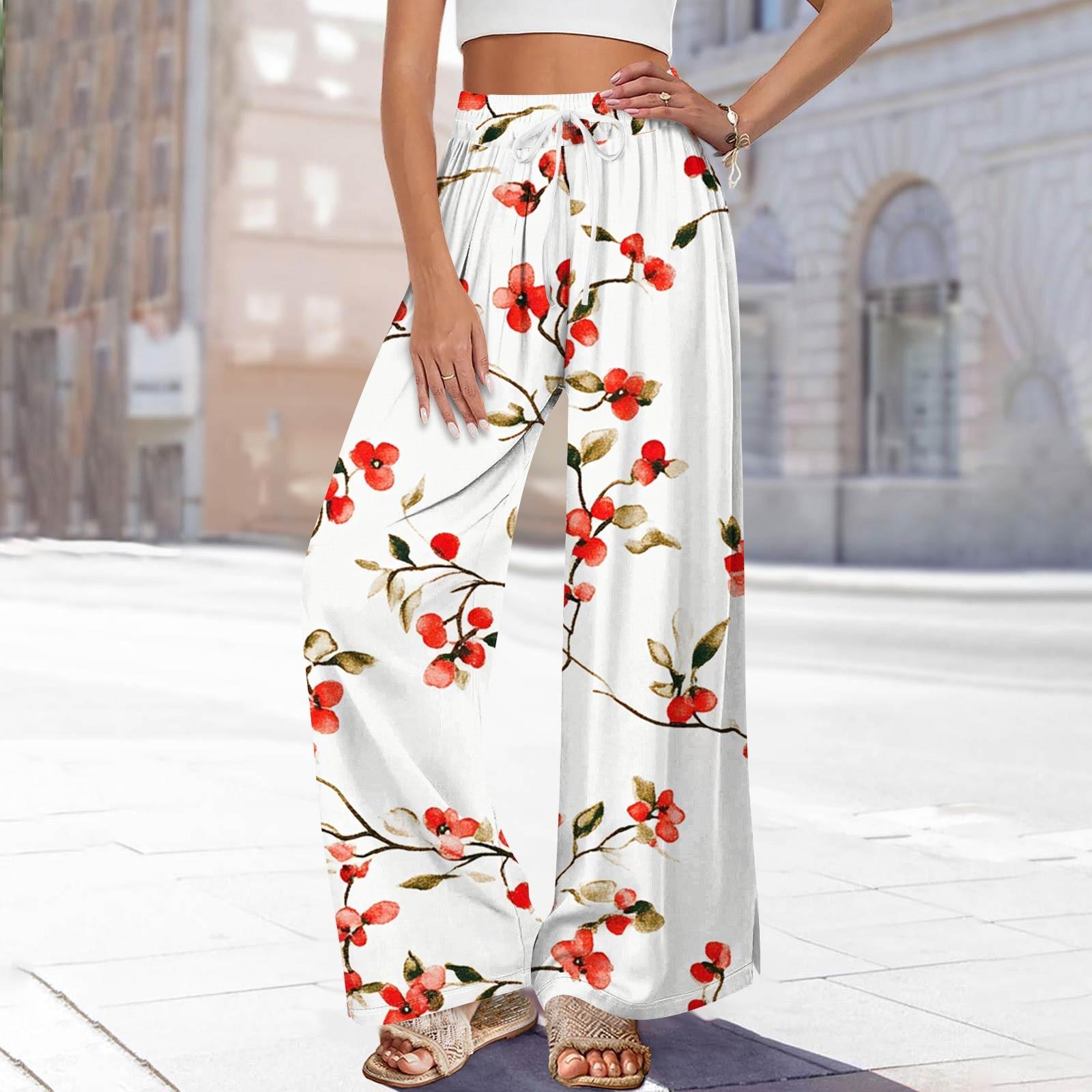 

Жіночі штани з принтом з широкими штанинами з кишенями, з високою посадкою, на кулісці, вільні повсякденні штани XL Кіновар