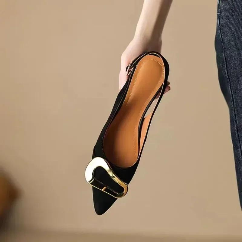 Low Sandals Woman Leather Low-heeled Rome Fabric Rubber Slides Hoof Heels PU Retro Metal Buckle Flat Shoes Zapatos De Mujer