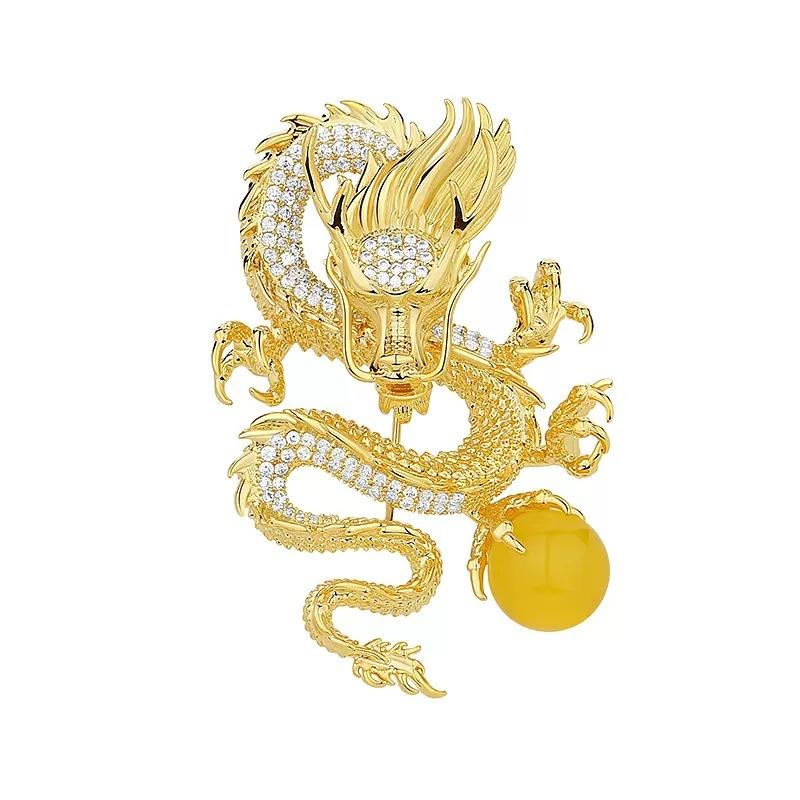 Golden Dragon Drama Ball Year Of The Dragon Gift Zodiac Dragon Brooch Women'S High-End Suit Accessories Pin Chinese Style Decoration