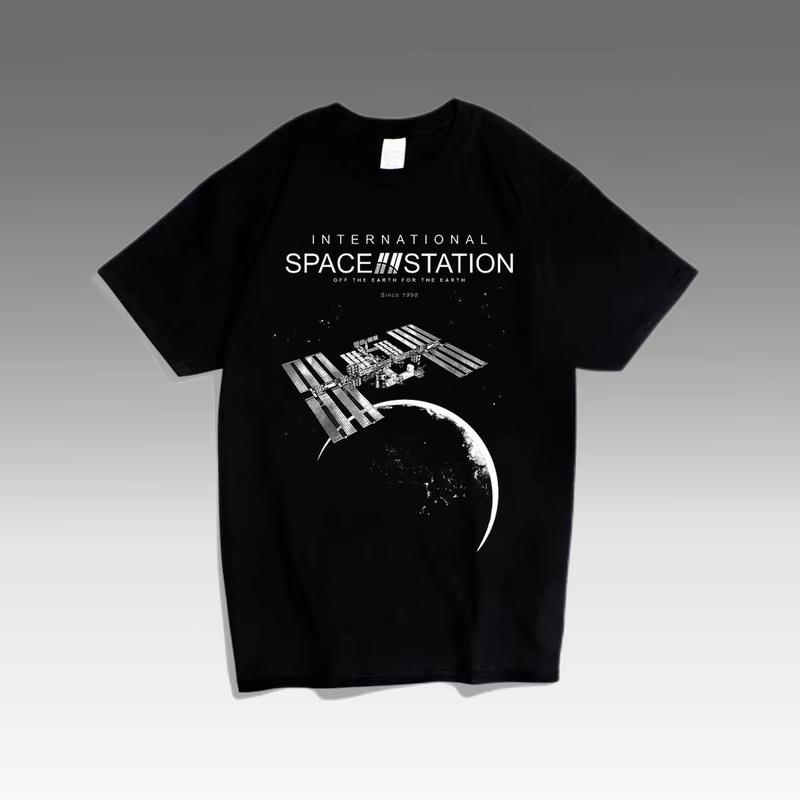 International Space Station Short-sleeved T-shirt, Space Enthusiast Style, Astronomy-themed Printed T-shirt for Streetwear - ... S разноцветный
