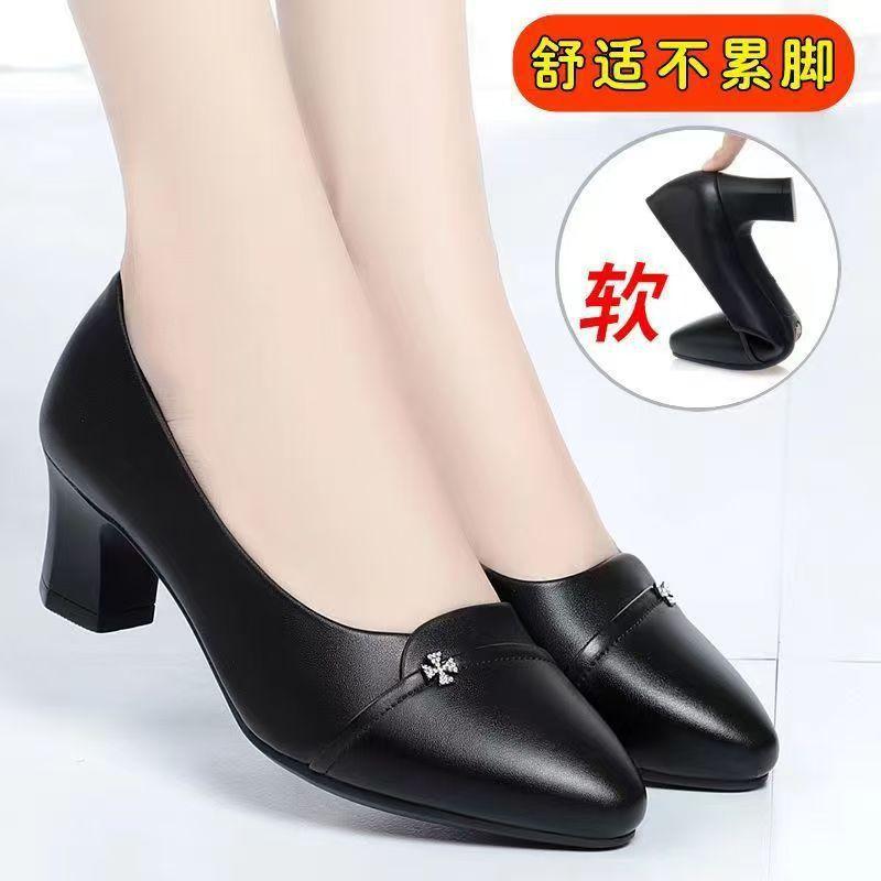 Soft leather single shoes low heel spring and autumn soft sole comfortable leather shoes medium heel shoes new
