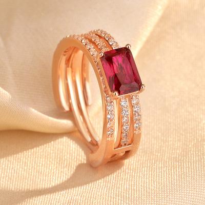 Light Luxury Color Zirconium Ring Women's Plated 18K Rose Gold Square Engagement Set Ring, Slightly Inlaid Zircon Strip Ring