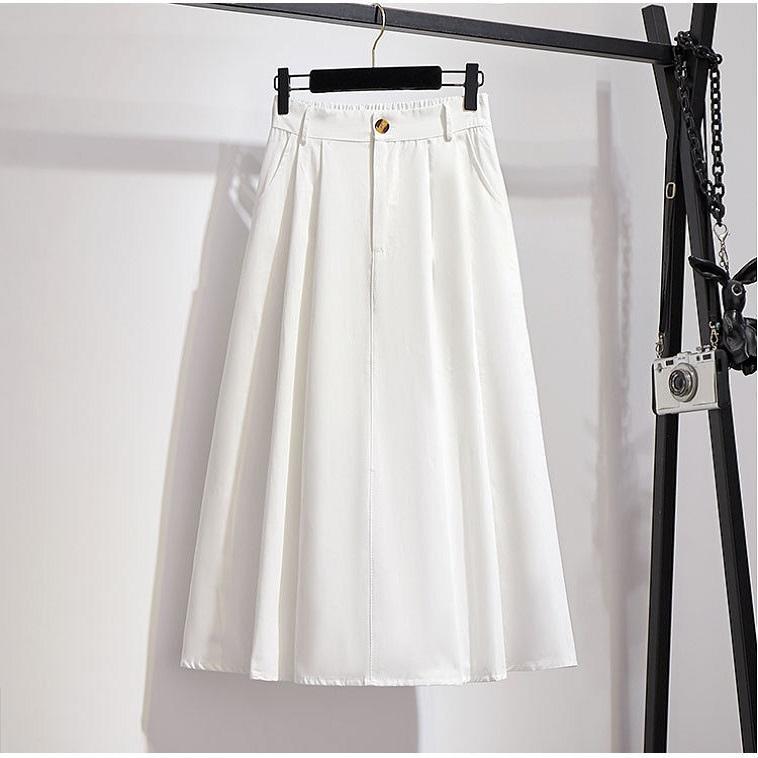 Fusta din bumbac pentru femei, vară, stil preppy, ocazional, elegant, cu buzunar, elastic, talie înaltă, fuste midi, linie A