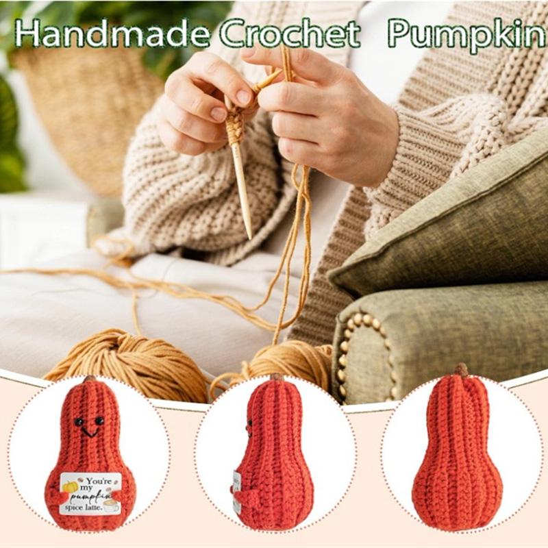 Handmade Knitted Pumpkin Ornament Home Room Decoration Funny Crochet Emotional Support Pumpkin Doll With Card Halloween Gifts
