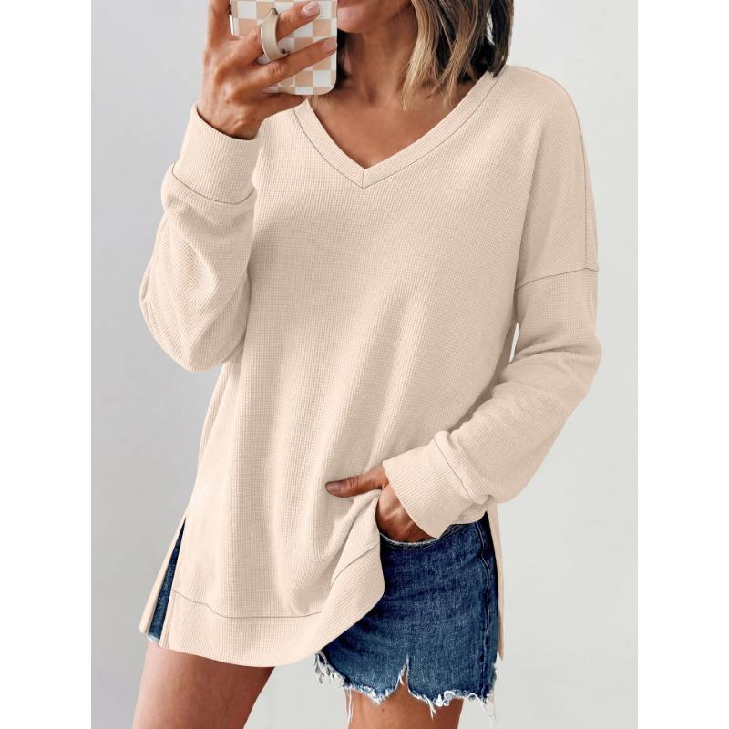 Women S V Neck Loose Long Sleeve Waffle Knit Solid T Shirt