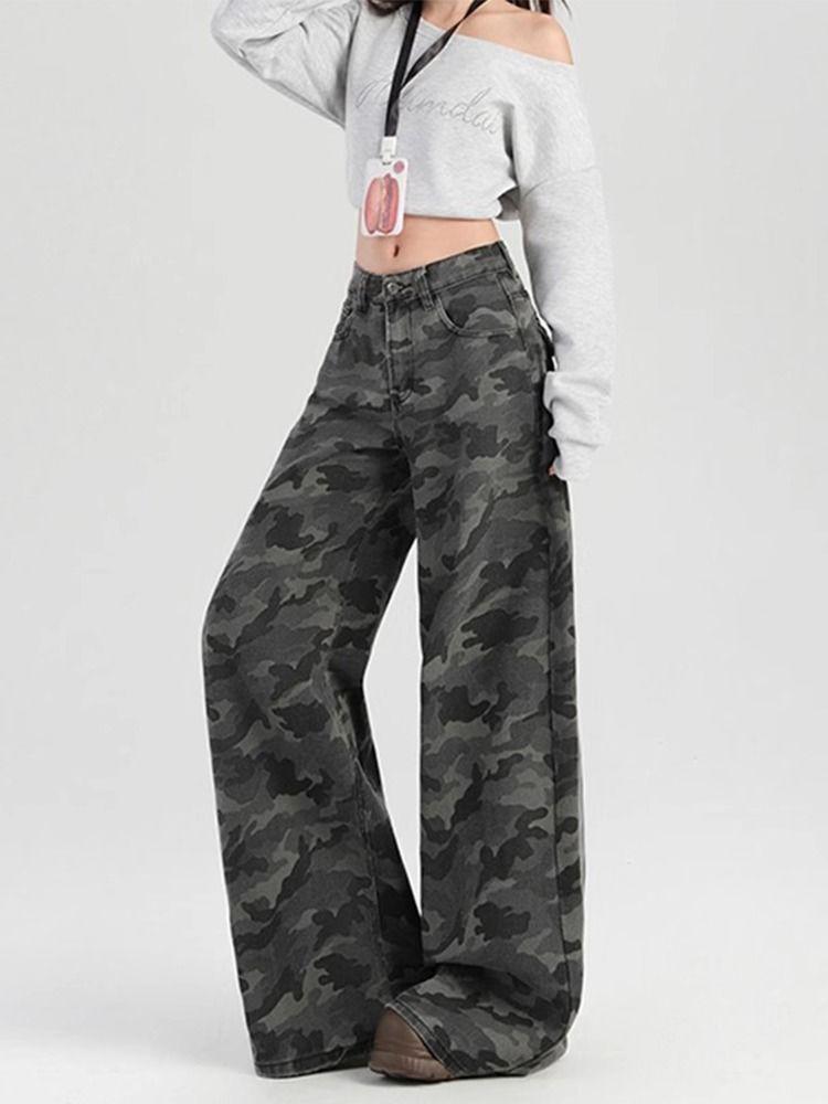 Retro Camouflage High-Waist Wide-Leg Jeans for Women - Slimming Floor-Length Workwear Pants for Autumn/Spring.