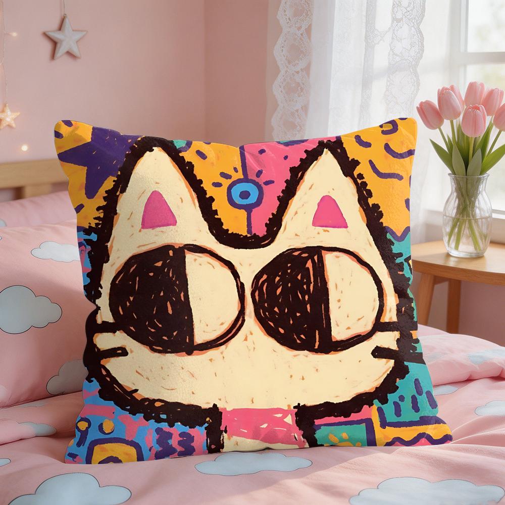 Art Dopamine Doodle Cat Cushion Cover Silky Short Plush Invisible Zipper Dustproof Sofa Pillow Case For Home Decor