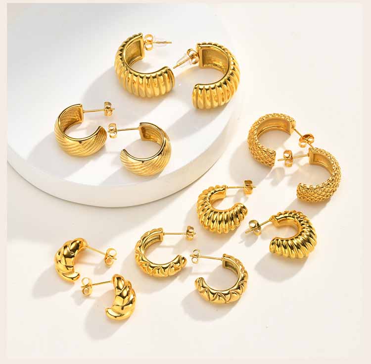 Chunky Textured C Hoop Earrings Stainless Steel 18K PVD Gold Plated Waterproof Tarnish Free Minimalist Geometric Party Jewelry