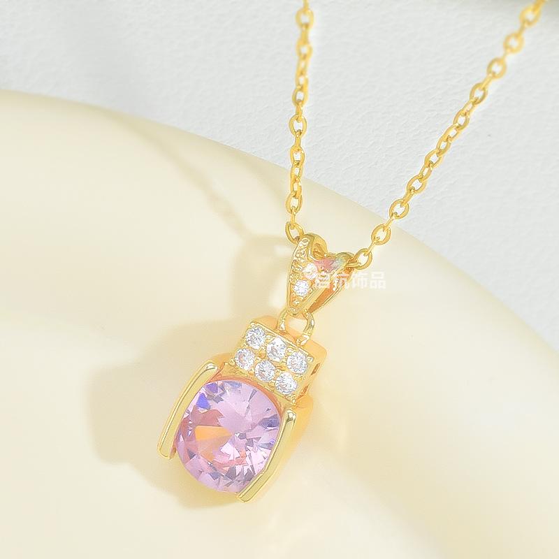 Titanium Steel Pink Zircon Necklace Female Court Retro Ethnic Style Exquisite Pendant Same Accessories