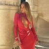 2025 Autumn/Winter European & American Style Sexy Long Sleeve Hollow Asymmetrical Round Neck Dress