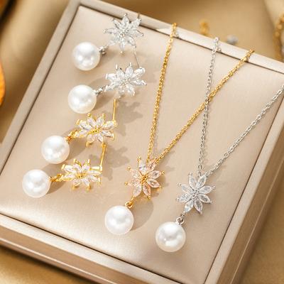 Colar Borla de Pérola Zircônia Flor Nicho Design Luxo Leve Pingente Temperamento Conjunto para Mulheres