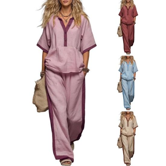 Conjunto de Algodón y Lino para Mujer, Verano, Cuello en V, Corte Holgado y Cintura Elástica, Pantalones Palazzo de 2 Piezas, Conjunto Casual Cómodo de Top y Pantalones de Pierna Ancha para el Hogar