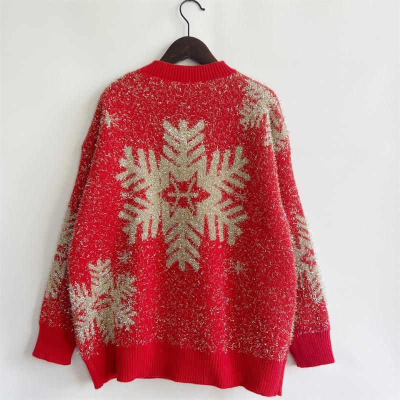 Autumn and Winter New Christmas Sweater Women's Pullover Gold Thread Pulled Hair Jacquard Large Snowflake Elk Christmas Sweater Woman