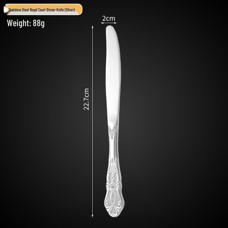 Royal Court 5-Piece Cutlery Set: Vintage Titanium-Plated Gold Stainless Steel Knife, Fork & Spoon with Embossed Hollow Design.
