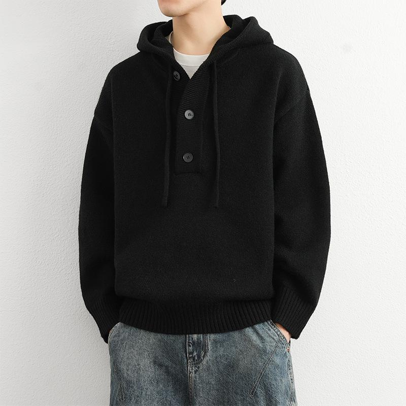 Men's Winter Heavyweight Hooded Knit Sweater - Solid Color Button Cardigan, Relaxed Fit, Urban Style.