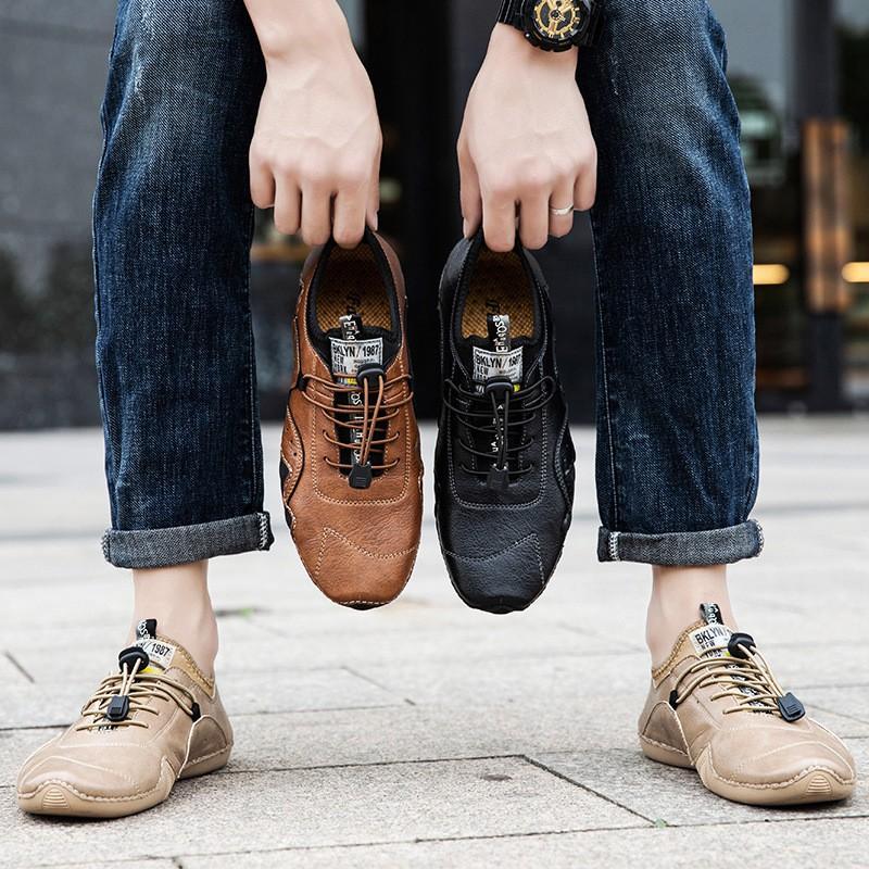 Mens Casual Leather Loafers Breathable Low-Heel Slip-On Shoes Daily Wear In Large Sizes