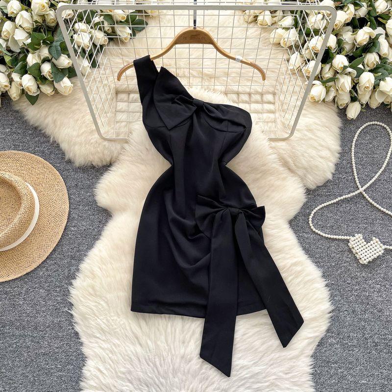 

Light Luxury Socialite Style High-Grade Single Sling Dress Women Summer Bow Irregular Chic Sheath Short Skirt Black XL