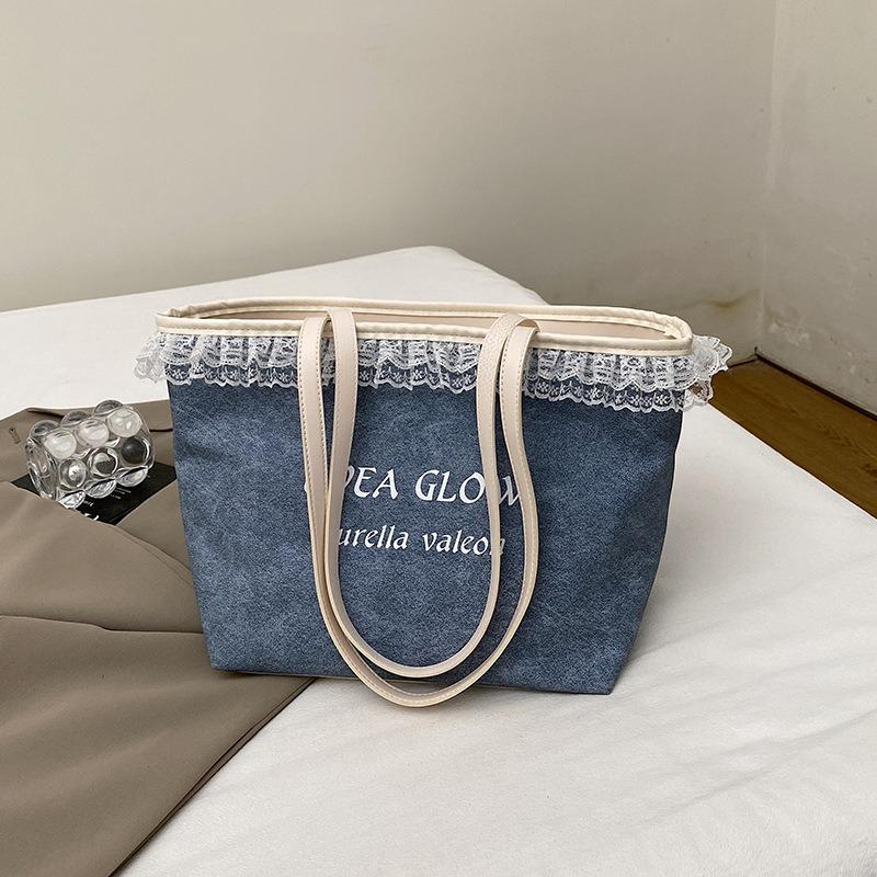 

Girly lace denim tote bag new canvas shoulder bag niche design commuter women s bag