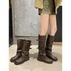 Trendy Belt Buckle Square Round Head Pleated Medium Tube Knight Boots Women's 2025 New Thick-soled Western Cowboy Knight Boots