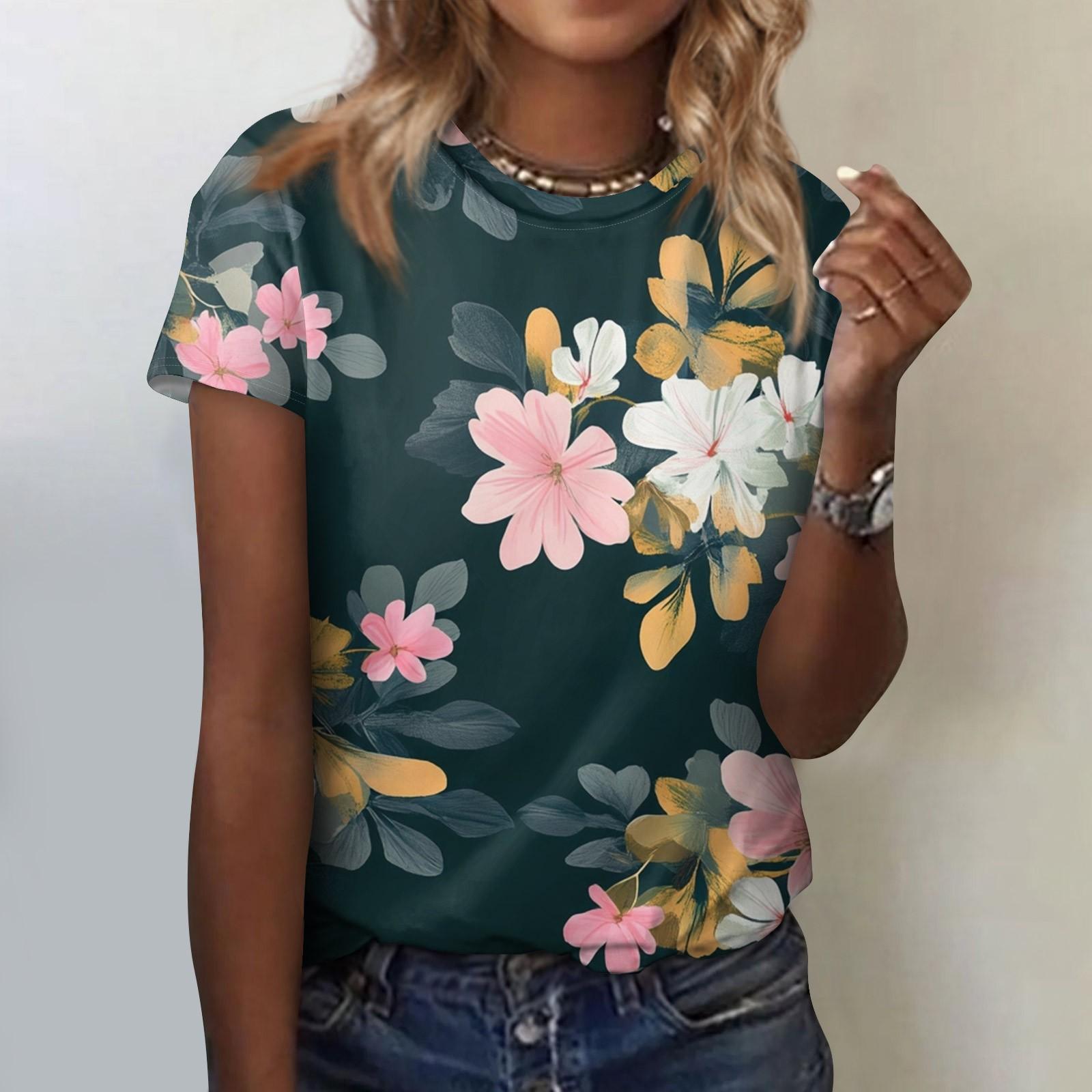 

Женская модная повседневная блузка с круглым вырезом и короткими рукавами с цветочным принтом L