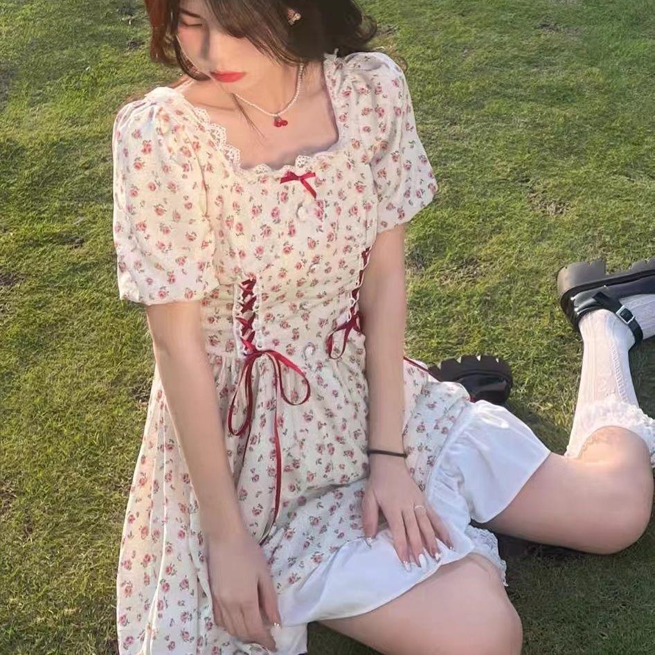 2026 Summer Floral Puff Sleeve Dress with Bow Tie & Lace Ruffle