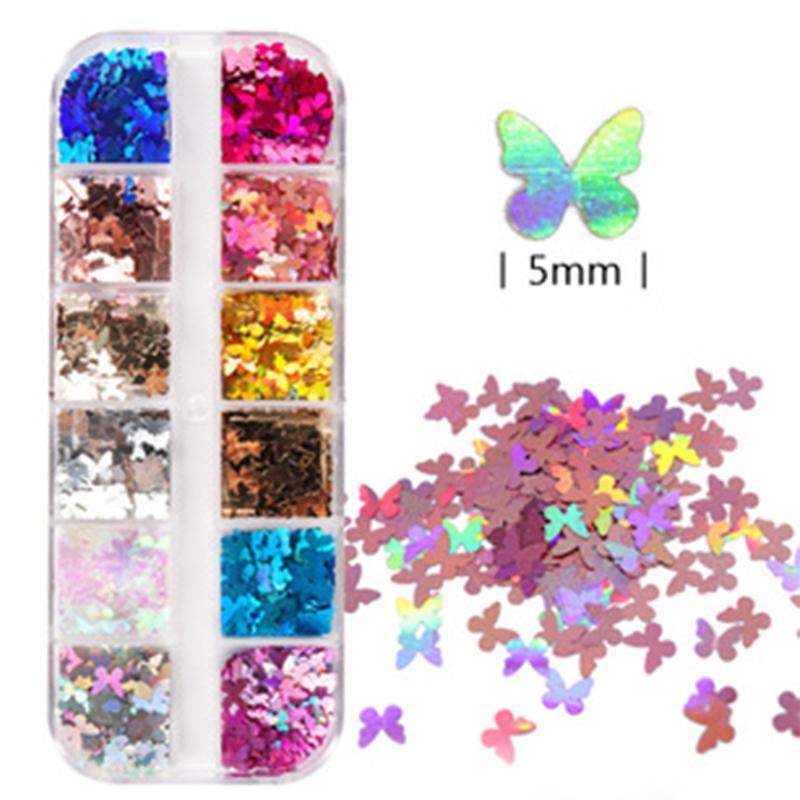 12 Grids/Box 5mm 3D Shiny for Butterfly Sequins Manicure Paillettes Holographic Glitter Flakes for Epoxy Resin Mold Fill