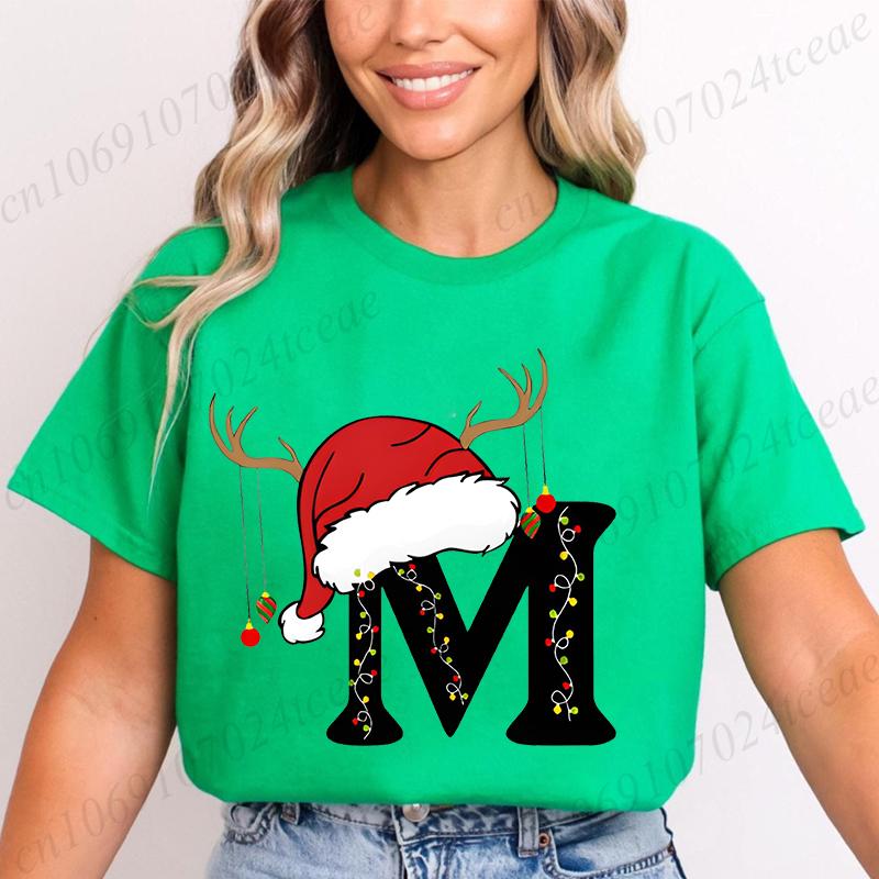 Fashion Merry Christmas Gift for Female Clothing Christmas 26 Alphabet Print TShirt for Women Casual Xmas Tees Short Sleeve Top
