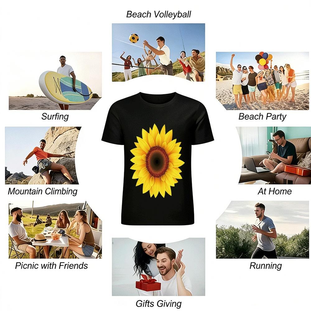 Vintage Sunflower Print Casual Short Sleeve T-Shirt Unisex Daily Top Pure Cotton T-shirt