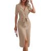 Beliebtes, einfarbiges Sommerkleid mit V-Ausschnitt, Schnürung in der Taille, temperamentvoll, geschlitztes Ende, Damen