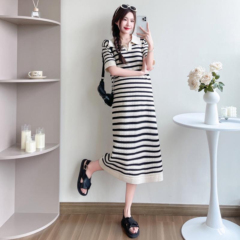 2026 Summer Striped Knit V-Neck Mid-Length Maternity Dress
