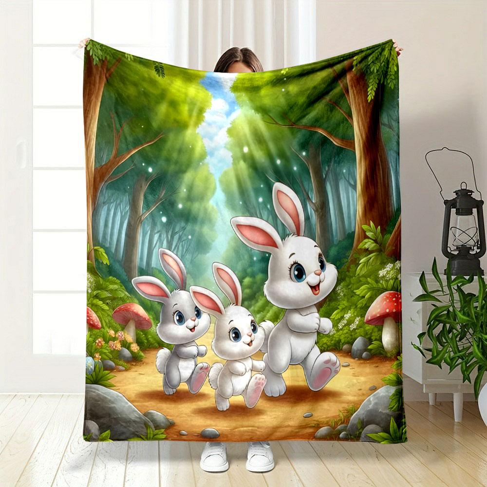 Cute Cartoon Bunnies In Enchanted Forest Print Blanket Soft and Cozy Perfect for the Living Room Bed Sofa or a Nap,gift