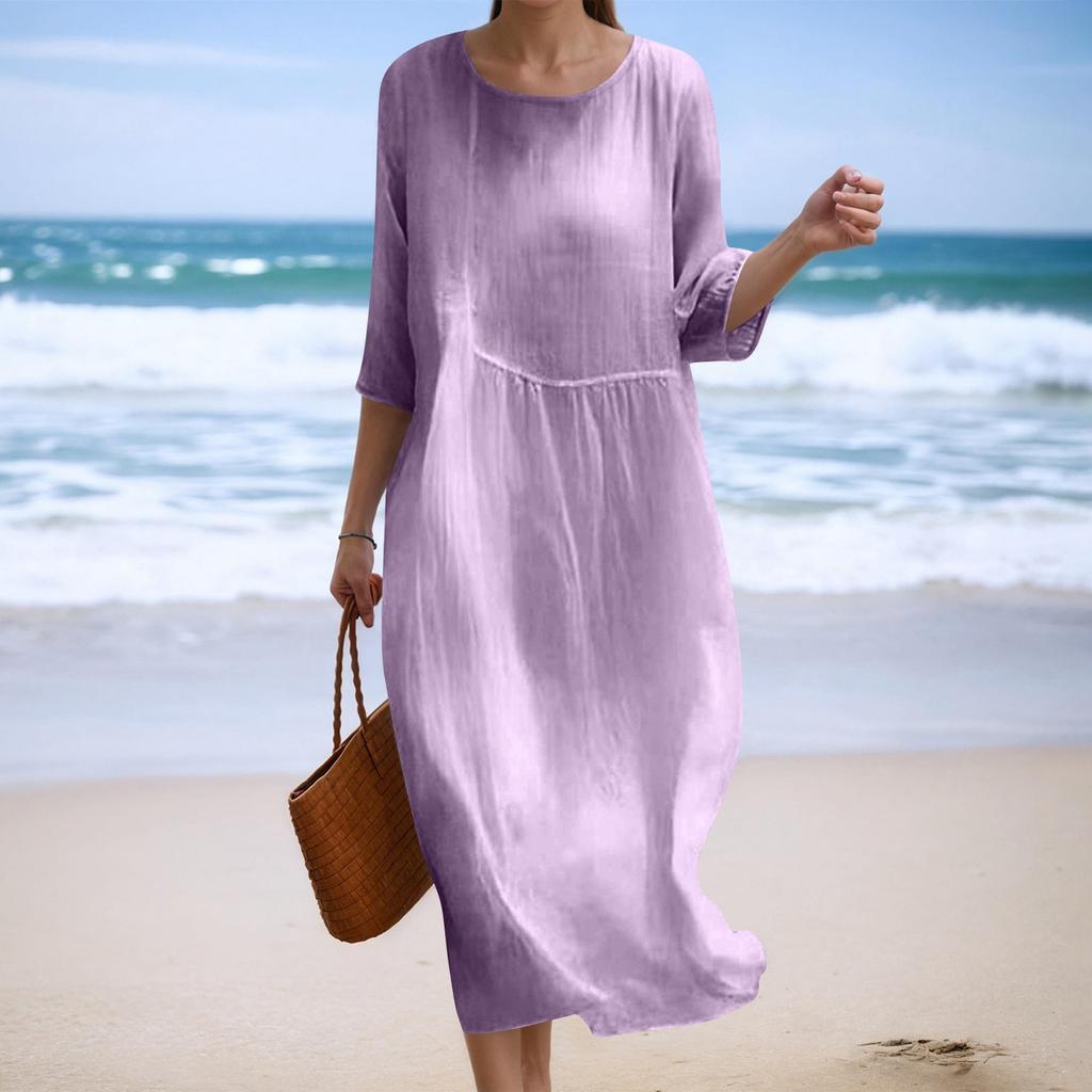 Damen Modisches Einfarbiges Rundhals Siebenviertelarm Lockeres Kleid