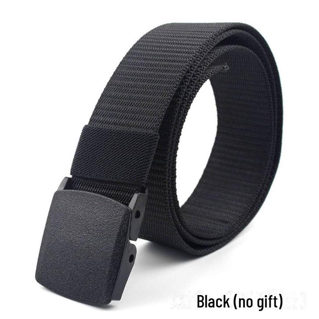 Ikke-metallisk sikkerhetsbelte i nylon med plastspenne, svart lerret og denimforlengelse, for utendørs bruk