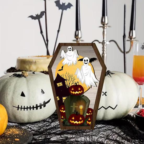 Halloween Wooden Tombstone Shaped Table Block Sign Spooky Ghost Pumpkin Bat Castles Tiered Tray Centerpiece for Halloween Party Indoor Decor