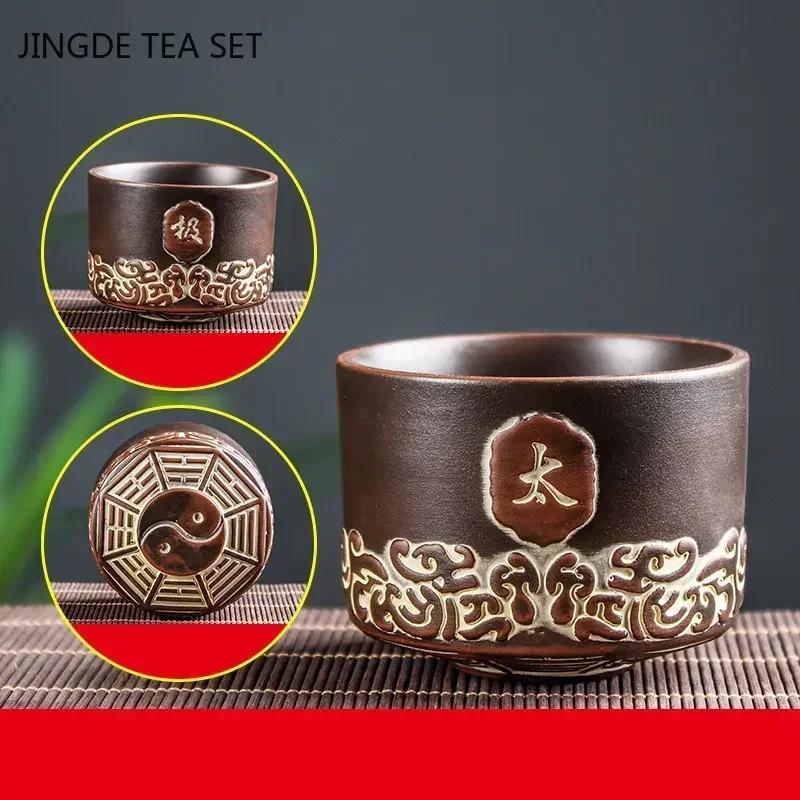 Retro Purple Clay Dragon Pattern Tea Bowl Zhu Mud Teacup Handmade Relief Dragon and Phoenix Tea Cup Portable Master Cup Tea Set