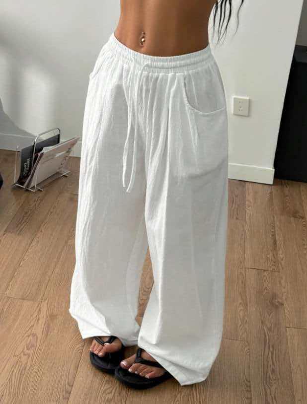 

Women s High-Waisted Wide-Leg Drawstring Pants - Spring/Summer Casual Style Medium белый