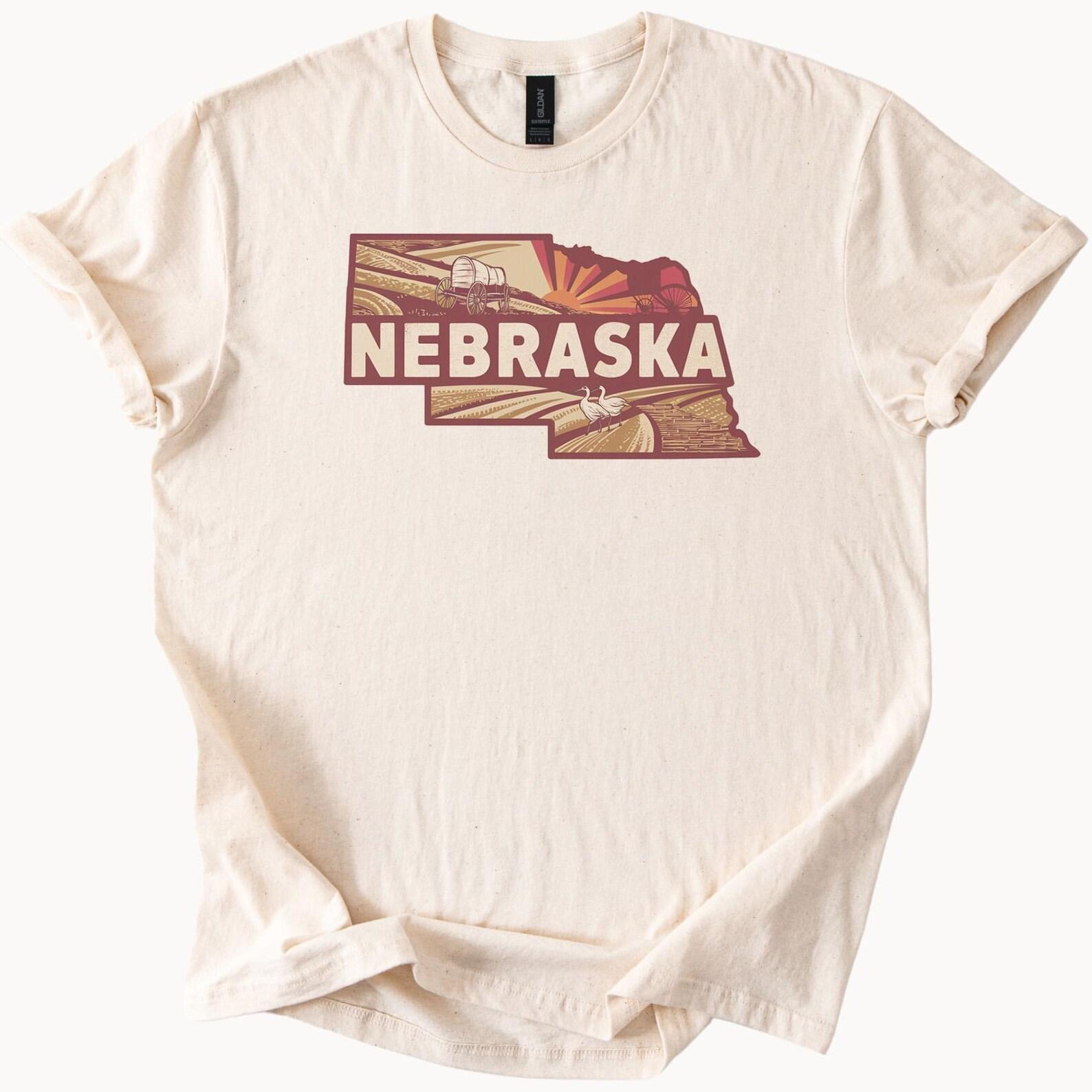 Nebraska State Graphic T Shirt with Scenic Farmland Wagon and Sunrise Unique Nebraska Map Outline Tee Nebraska Gift Shirt 130