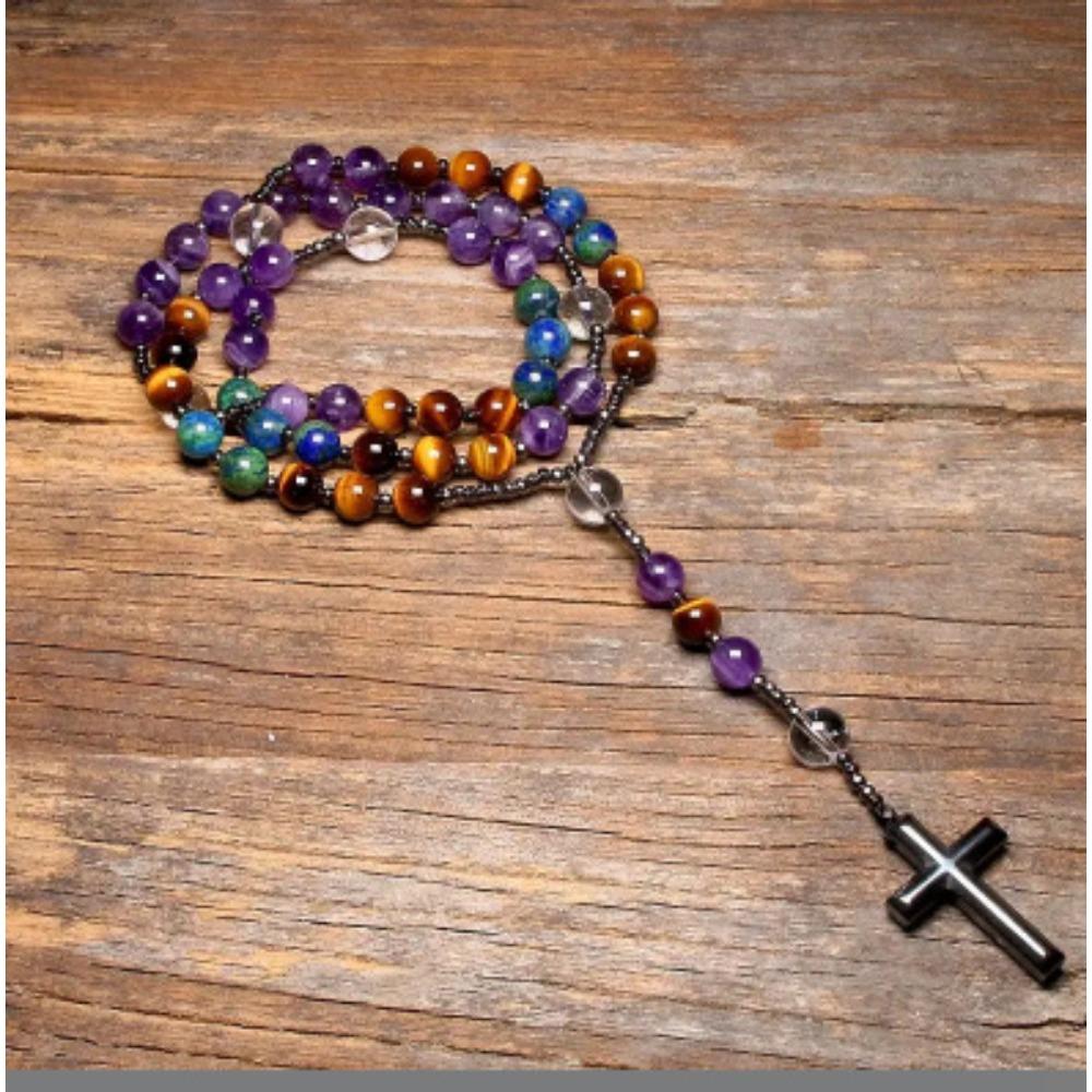 Collier pendentif croix en pierre naturelle, Croix en pierre d'œil de tigre et fer à bille chapelet collier pour homme