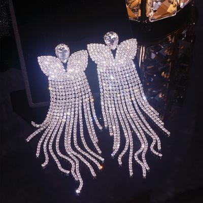 Elegant Female Rhinestone Crystal Drop Dangle Earrings Silver Color Tassel Long Earrings For Women Wedding Big Earrings Jewelry