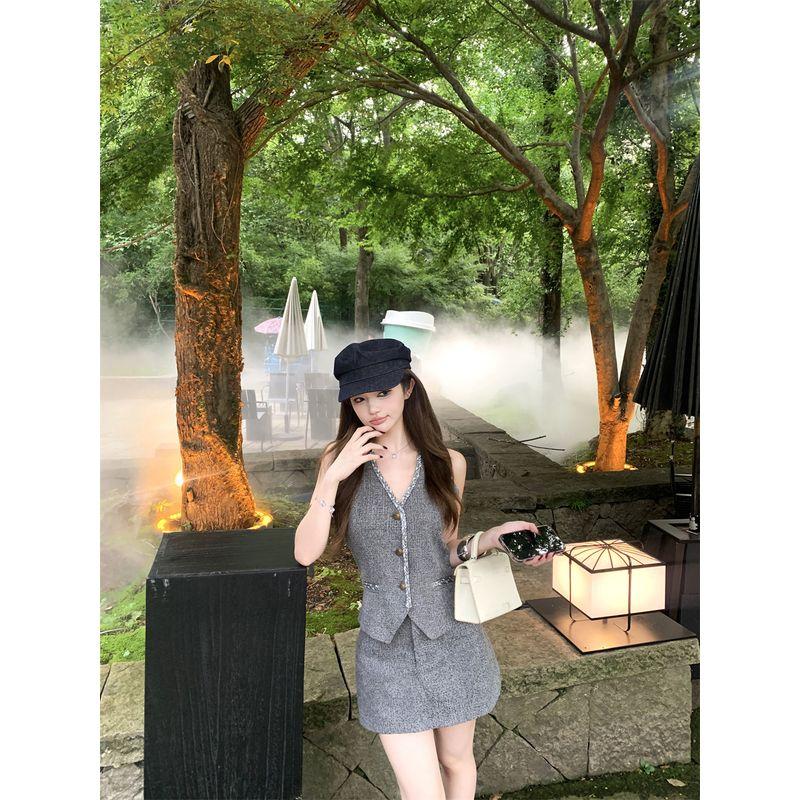 Kumikumi Graceful Set Gray Single Breasted Vest Vest Women clothes Summer Sheath Skirt Two-piece Set