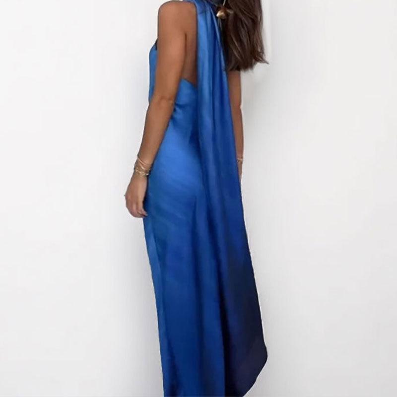 Women's New Temperament, Elegant and Fashionable High-waist Solid Color Side-shoulder Sleeveless Dress