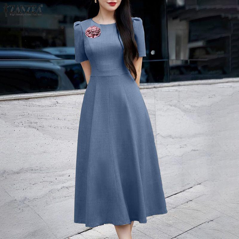 ZANZEA Women Casual Round Neck Summer Short Sleeve Elegant Dress
