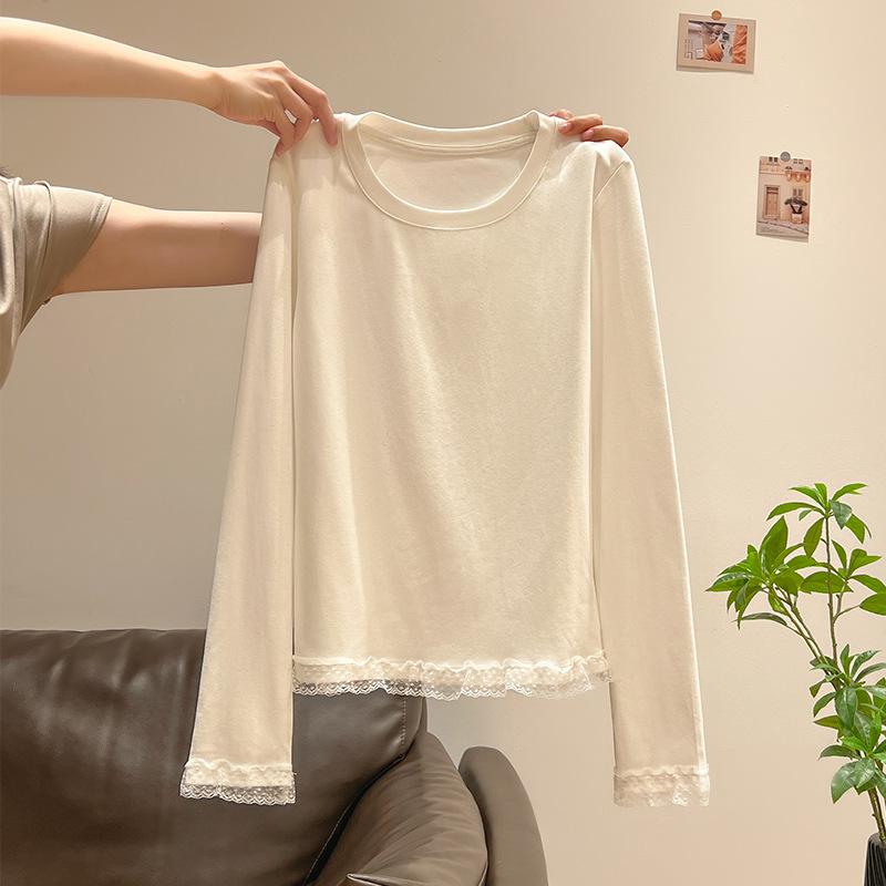 

1 * 1 pure cotton thread 220g, autumn and winter lace slim-fit shirt crew neck T-shirt thin women XL белый